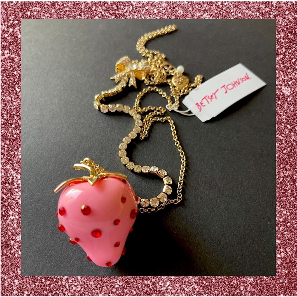 BETSEY JOHNSON Pink Strawberry Necklace & Earring Set Enamel & Red Crystals NWT - Picture 4 of 12